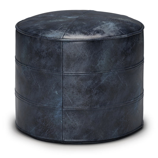 Connor 18 inch Wide Round Pouf in Distressed Navy Blue Genuine Leather