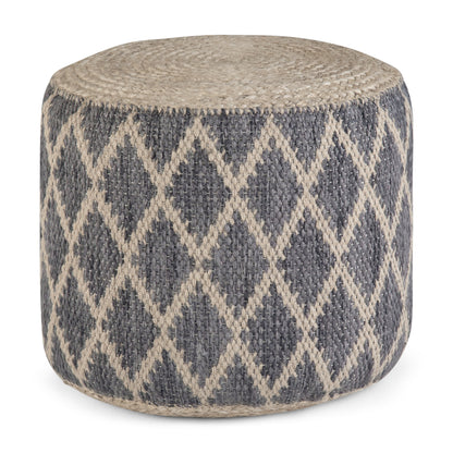 Edgeley 18 inch Wide Round Pouf in Grey and Natural Handwoven Jute and Cotton