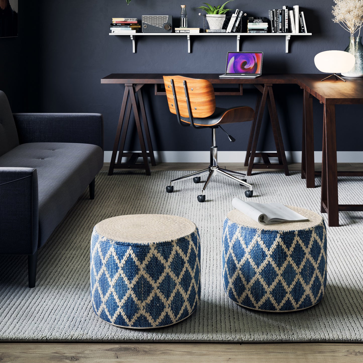 Blue Fabric Round Pouf - 18 Inch Accent Chair