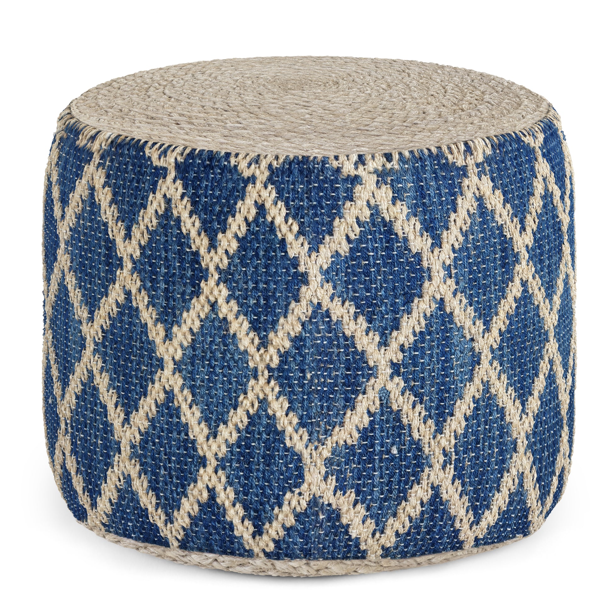 Edgeley 18 inch Wide Round Pouf in Classic Blue and Natural Handwoven Jute and Cotton