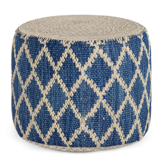 Edgeley 18 inch Wide Round Pouf in Classic Blue and Natural Handwoven Jute and Cotton