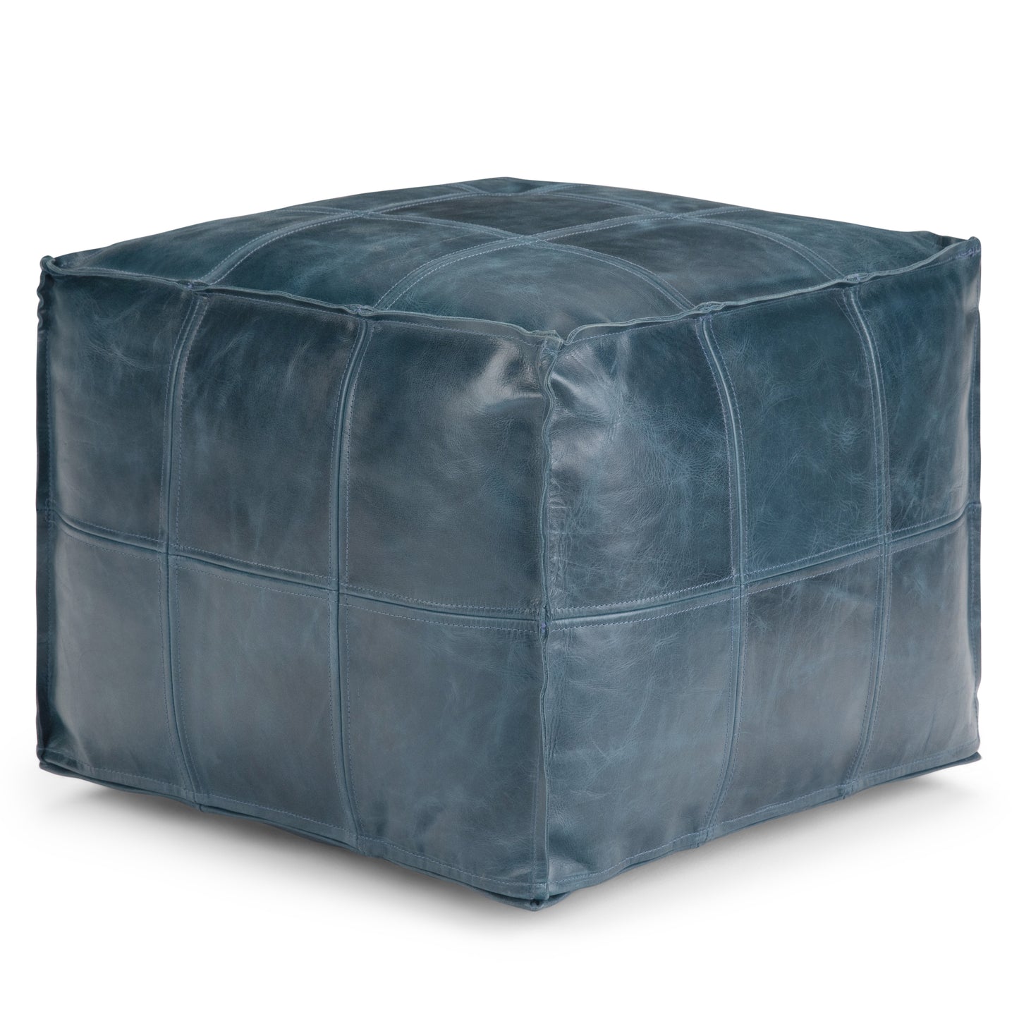 Manning 18 inch Wide Square Pouf in Teal Genuine Leather