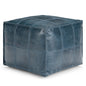 Manning 18 inch Wide Square Pouf in Teal Genuine Leather