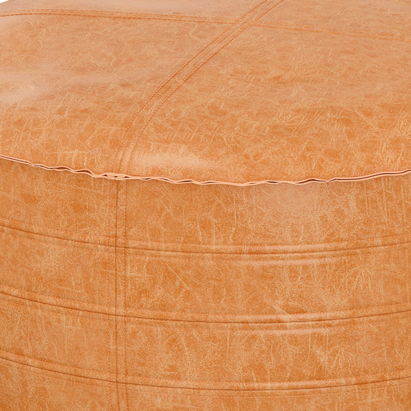 Round Faux Leather Coffee Table Pouf in Light Brown Vegan Leather