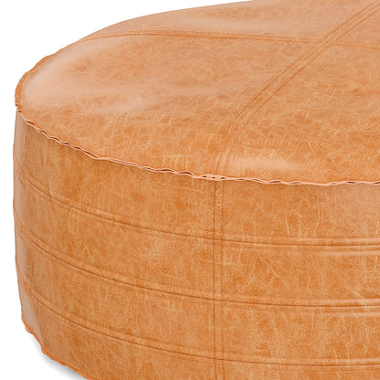 Round Faux Leather Coffee Table Pouf in Light Brown Vegan Leather