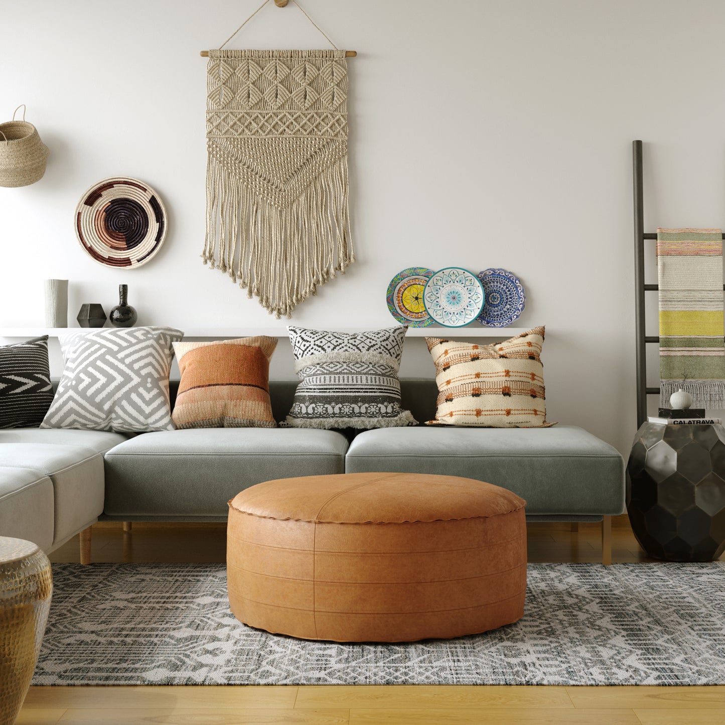 Round Faux Leather Coffee Table Pouf in Light Brown Vegan Leather