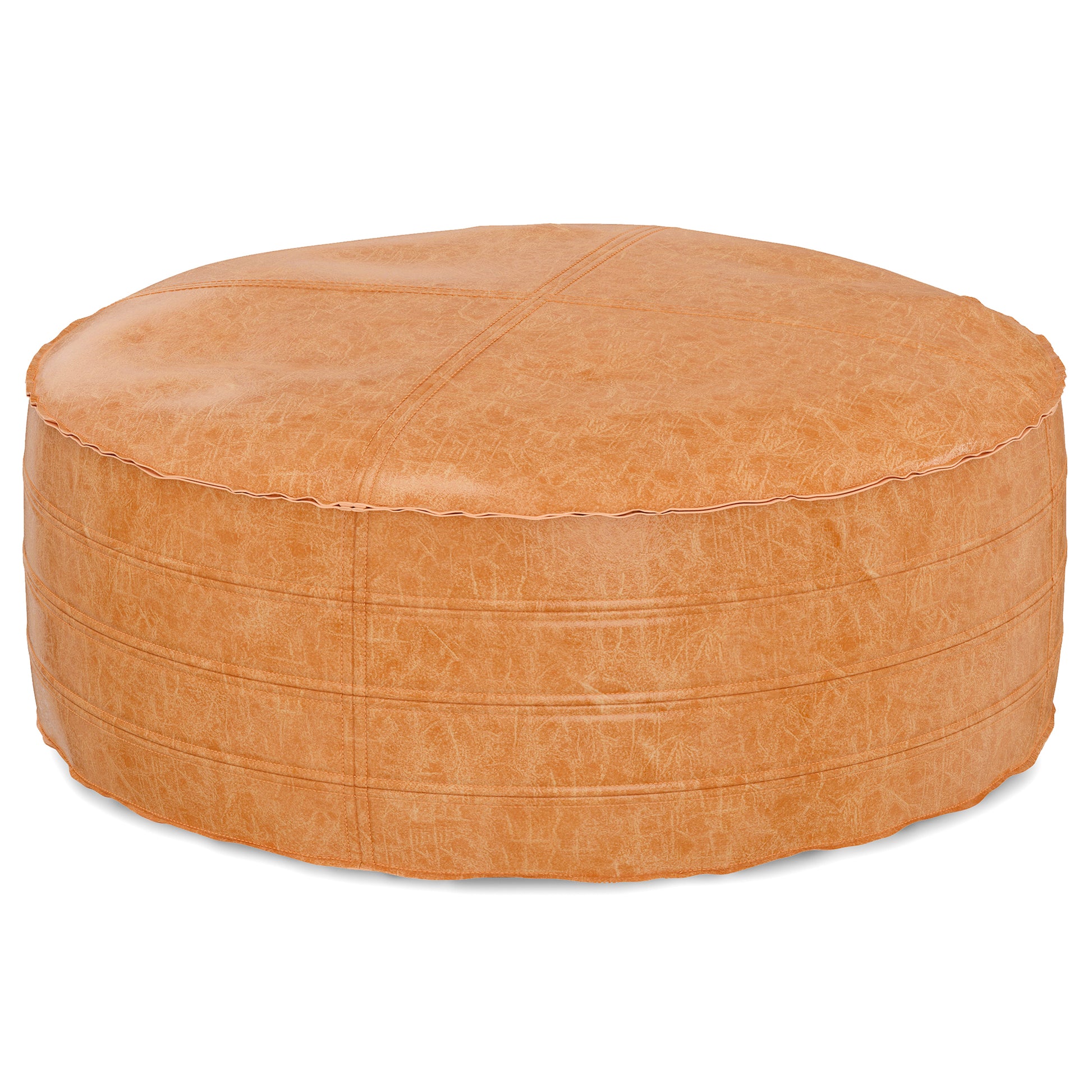 Brody 32 inch Wide Round Coffee Table Pouf in Distressed Brown Vegan Leather