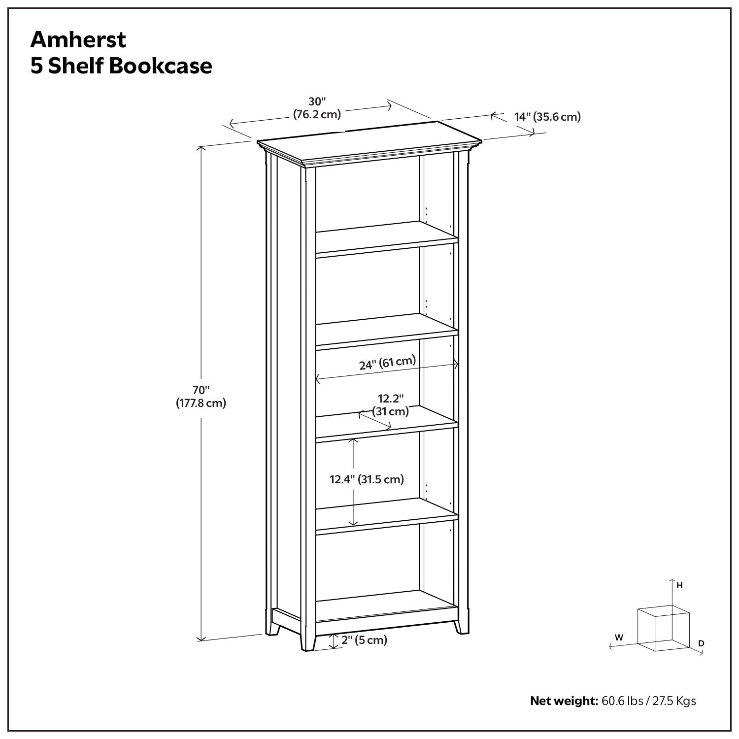 Dark Brown 5 Shelf Wood Bookcase - 30" Wide for Living Room