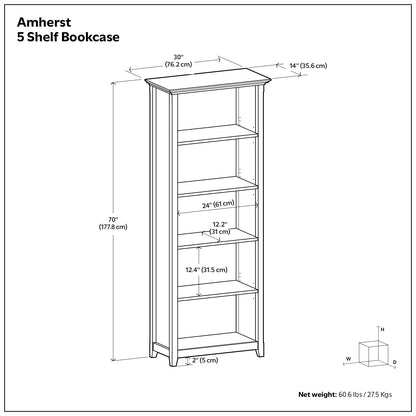 Dark Brown 5 Shelf Wood Bookcase - 30" Wide for Living Room