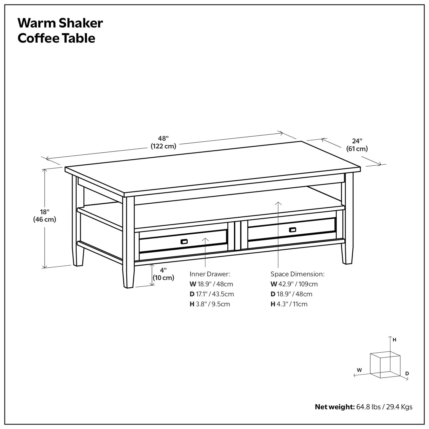 Light Brown Wood Coffee Table - 48" Wide Storage