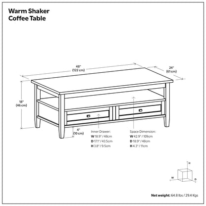 Light Brown Wood Coffee Table - 48" Wide Storage