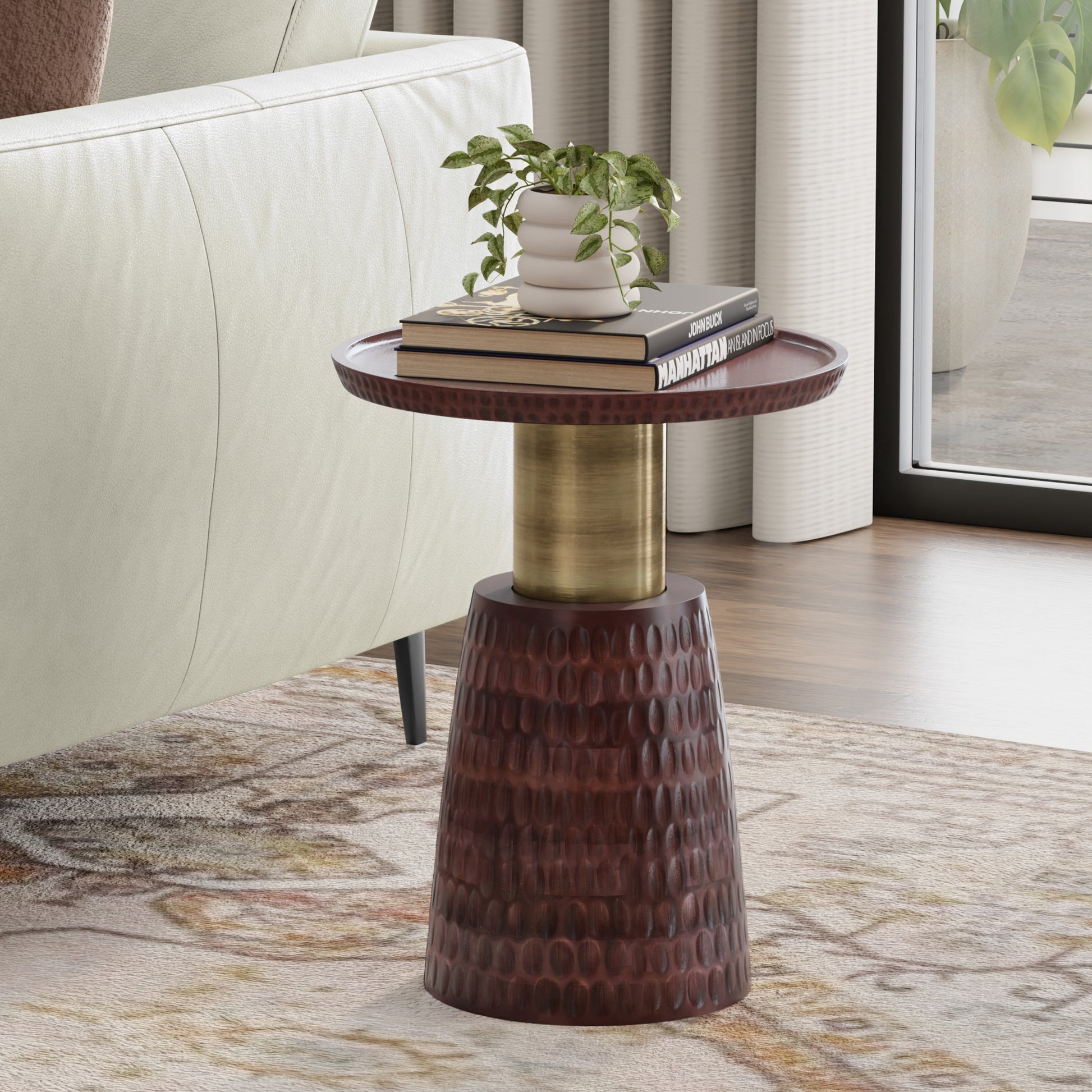 Breanna Side Table - Walnut Brown Wood Metal Round Table
