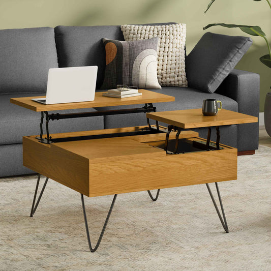 Hunter 32 inch Wide Solid Wood Lift Top Square Coffee Table in Oak