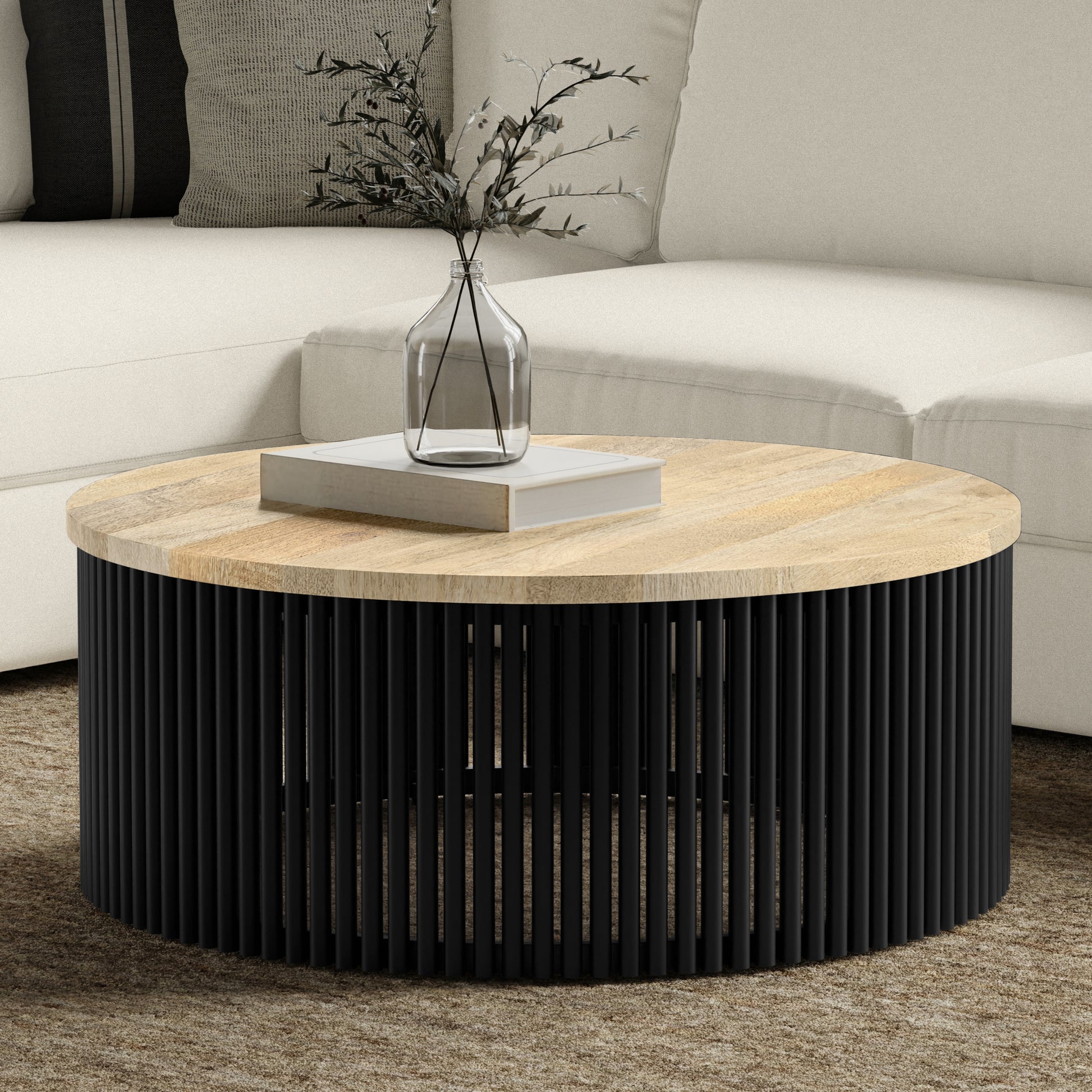 Demy 35 inch Wide Solid Mango Wood Coffee Table in Natural, Black