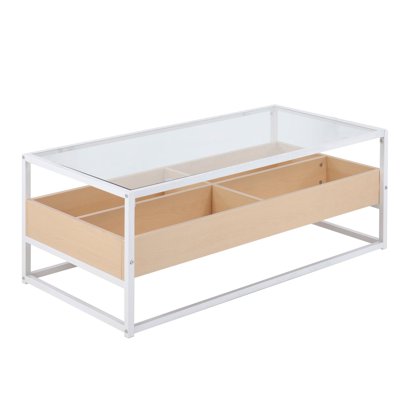 Contemporary Coffee Table in White Metal, Natural Wood, and Clear Glass