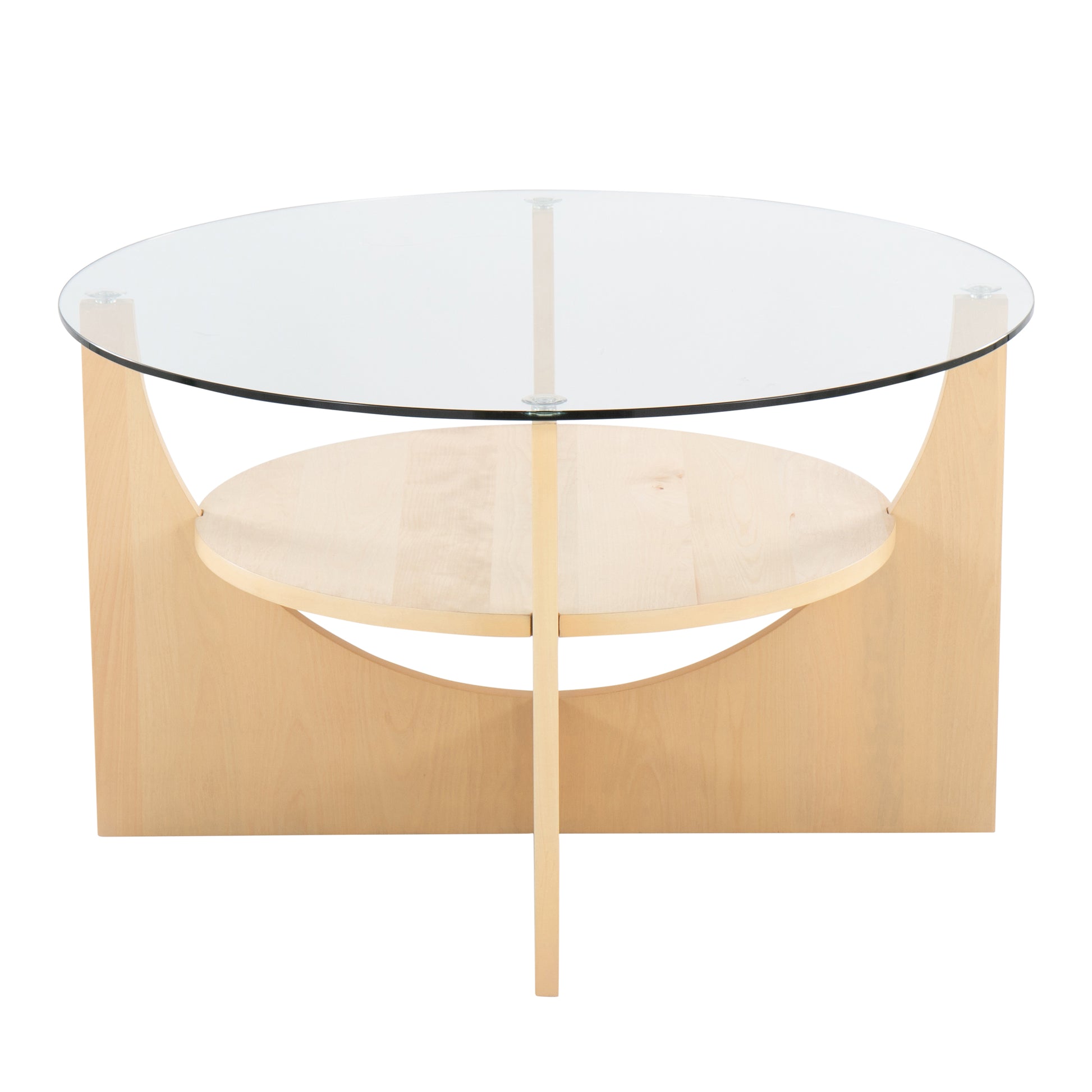 U-Shaped Contemporary Coffee Table in Natural Wood and Clear Glass