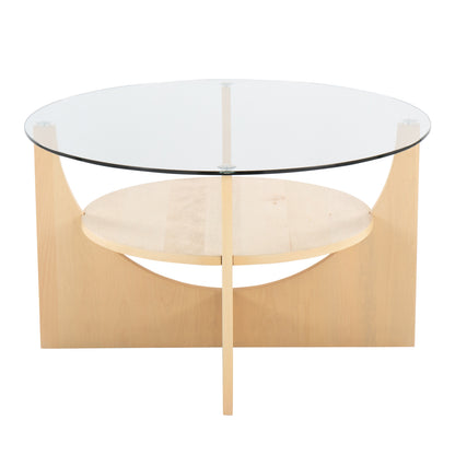 U-Shaped Contemporary Coffee Table in Natural Wood and Clear Glass