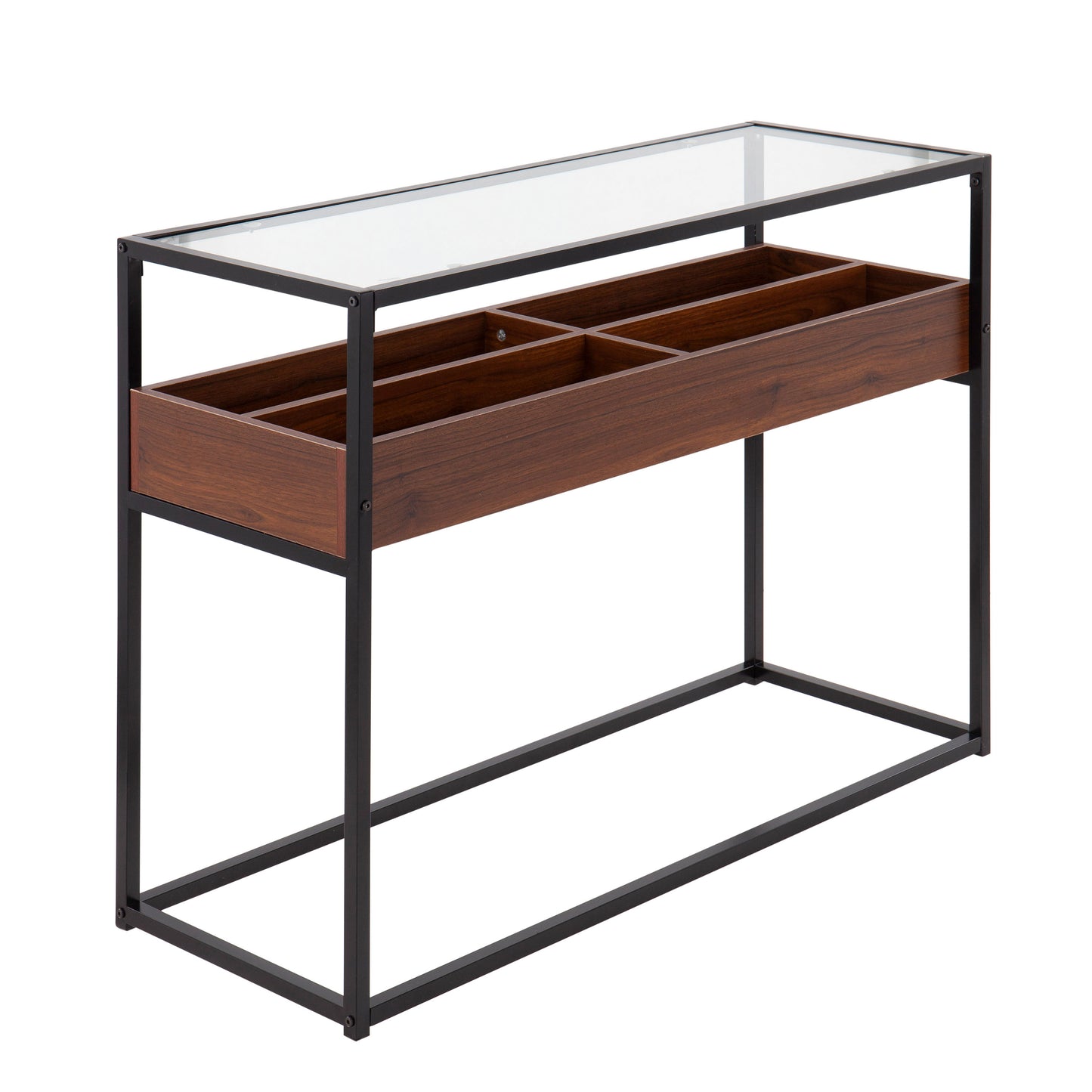 Contemporary Console Table in Black Metal, Walnut Wood, and Clear Glass