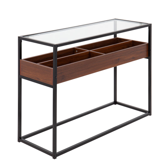 Contemporary Console Table in Black Metal, Walnut Wood, and Clear Glass