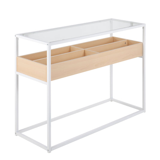 Contemporary Console Table in White Metal, Natural Wood, and Clear Glass
