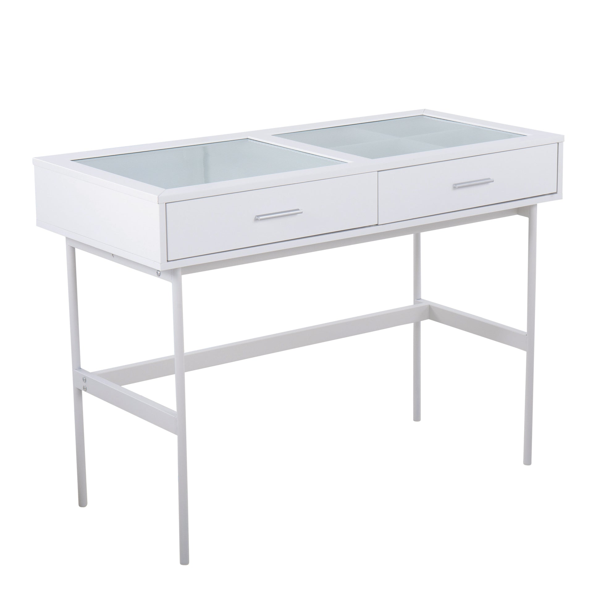 Contemporary Console Table in White Wood, White Steel, and Glass Top