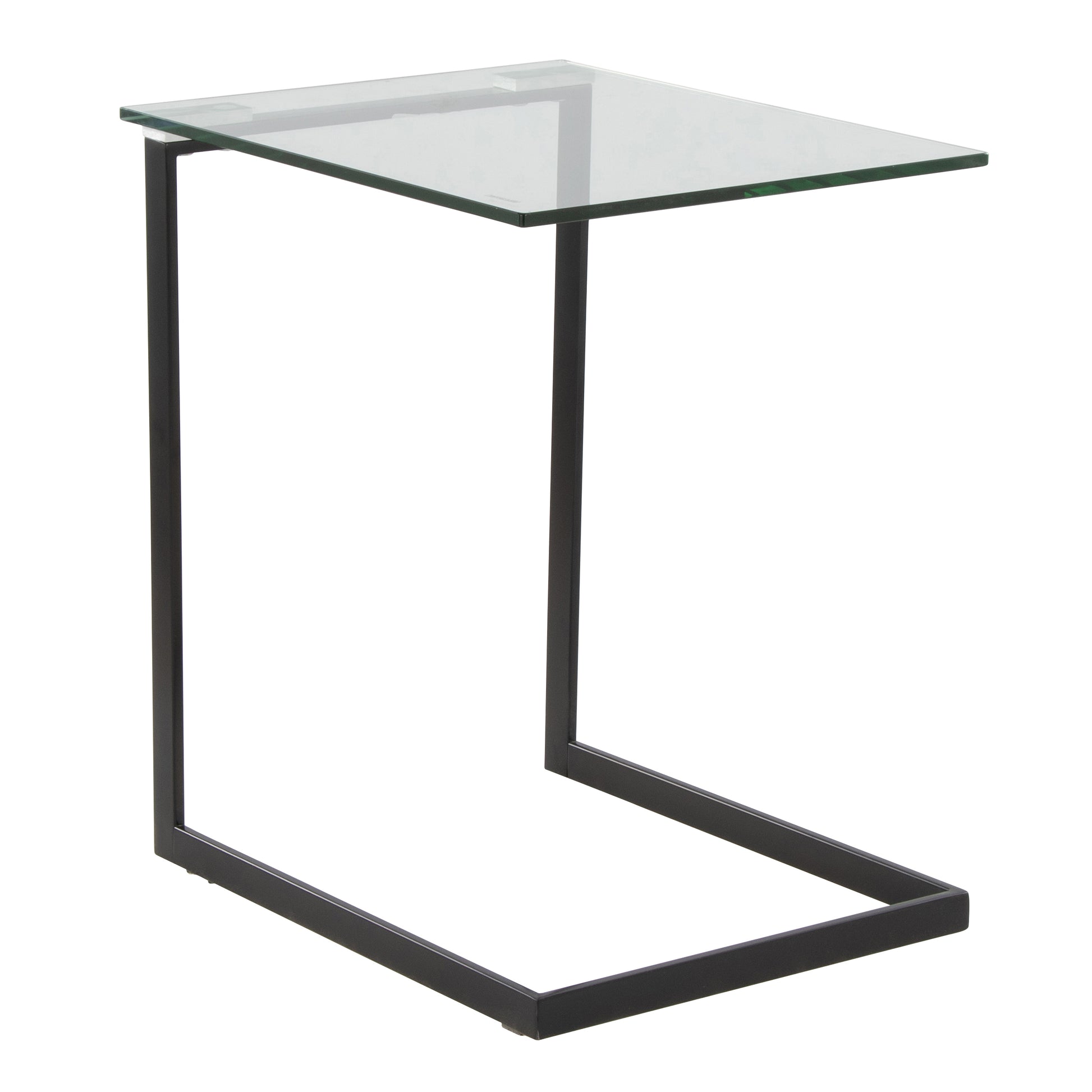Zenn Contemporary End Table in Black Metal and Clear Glass Table Top