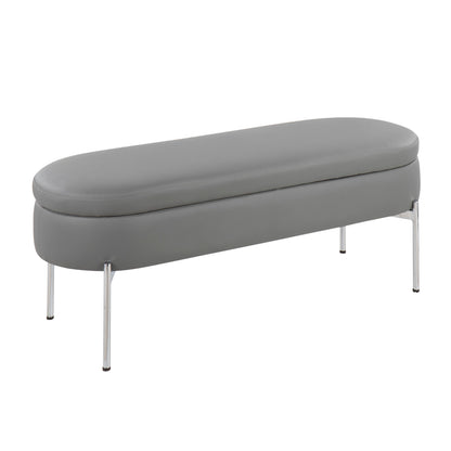 Contemporary Storage Bench in Chrome Metal and Grey Faux Leather