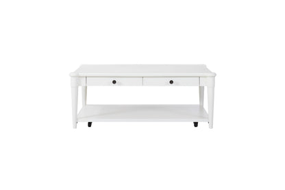 White Finished Cocktail Table With Two Storage Drawers and Casters