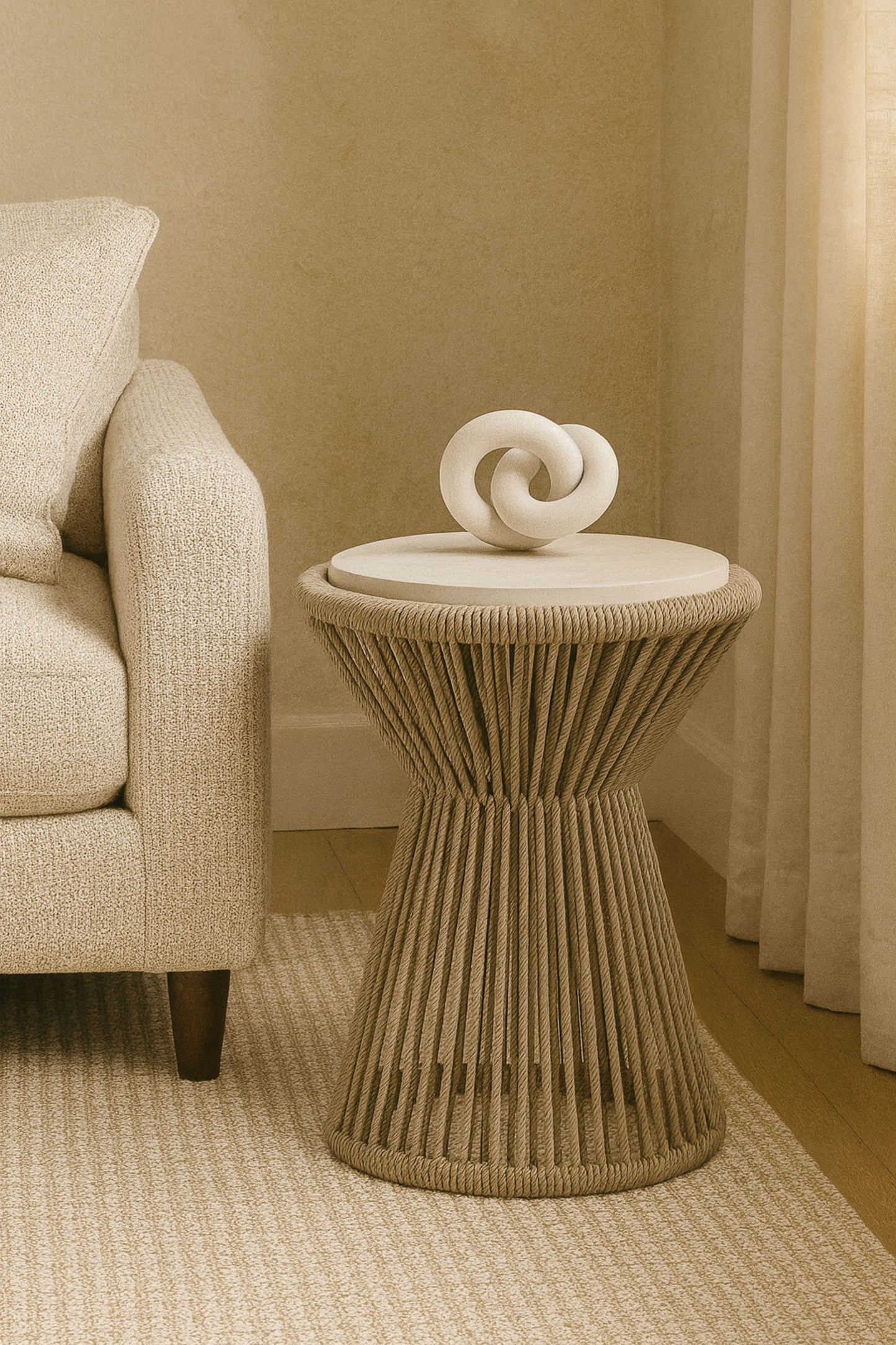 Beige Rope Accent Table with Cylindrical Design for Living Spaces for Living Room