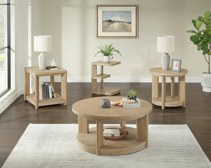 Tan Round Accent Table - Solid Wood for Living Room