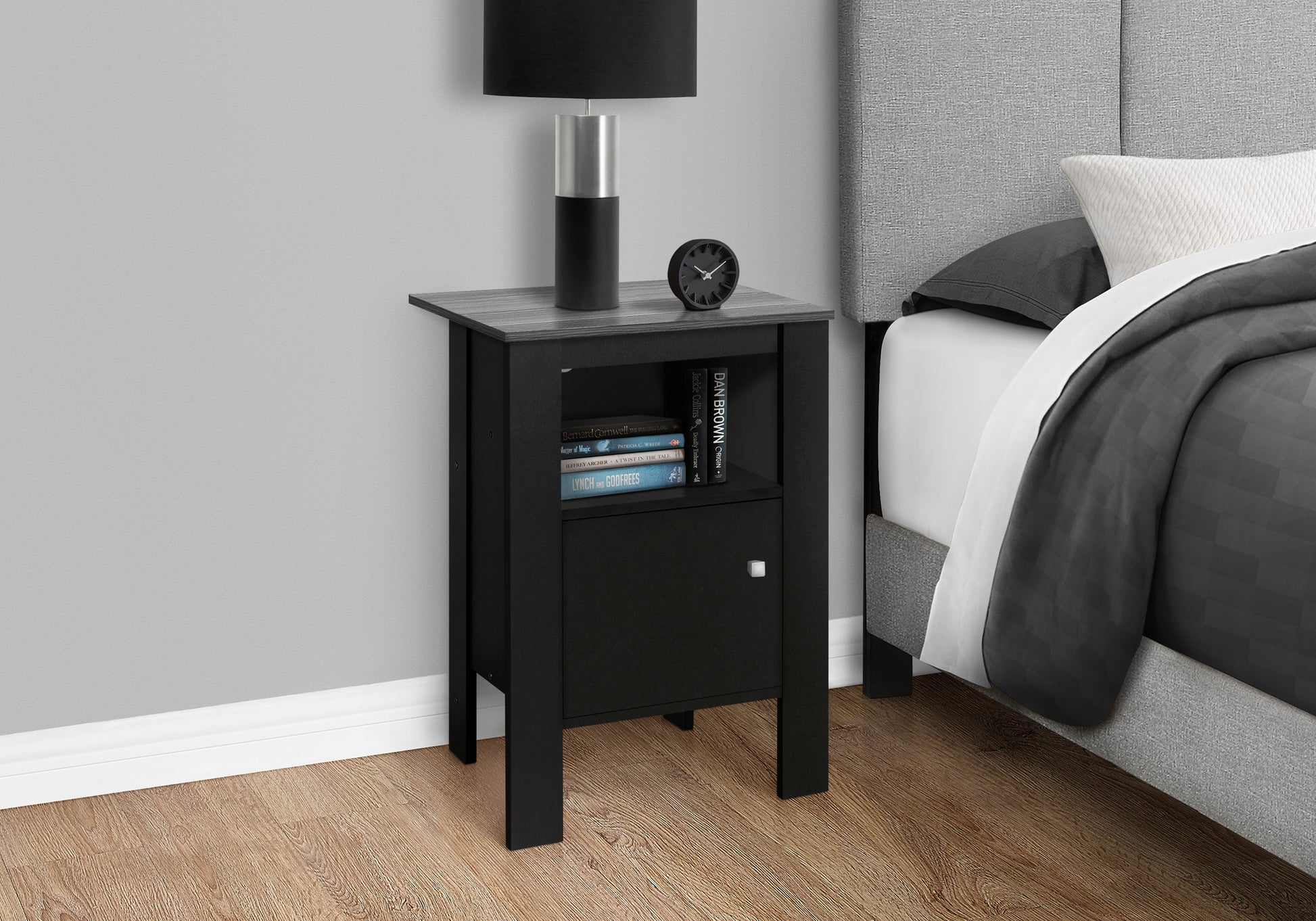 Black Nightstand with Grey Wood Top - Storage Side Table for Living Room
