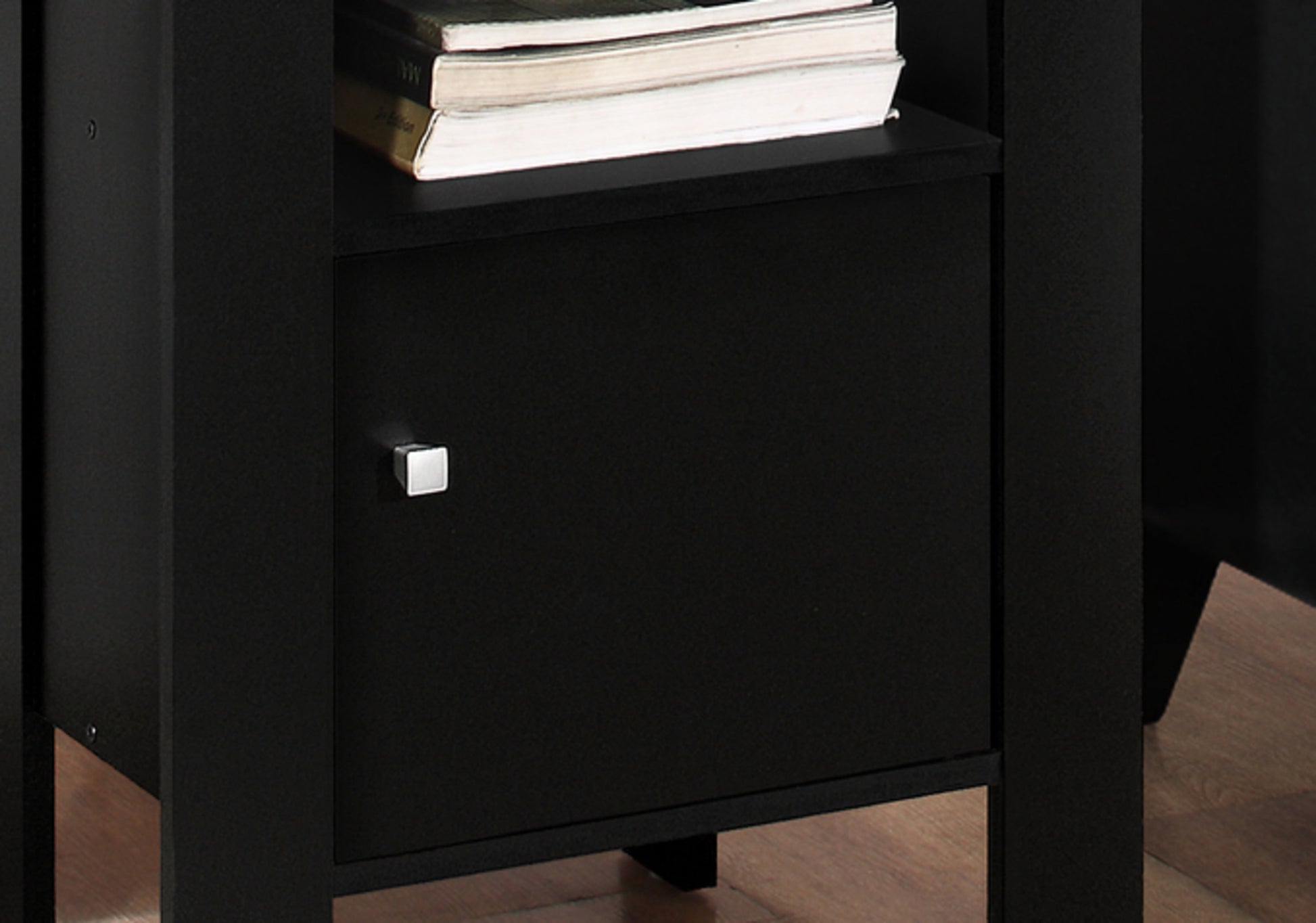 Black Nightstand with Grey Wood Top - Storage Side Table for Living Room