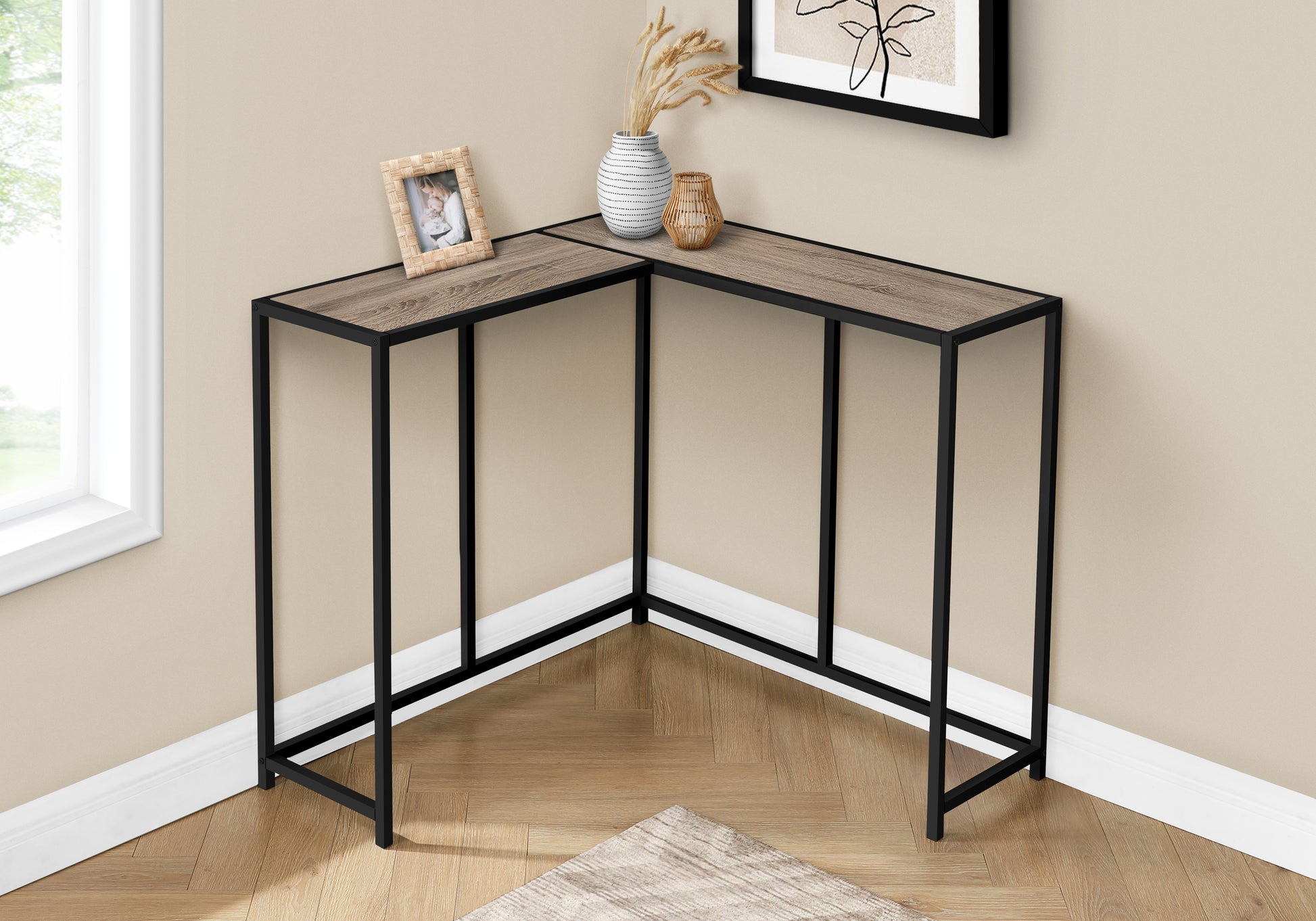 Accent Table, Console, Entryway, Narrow, Corner, Living Room, Bedroom, Brown Laminate, Black Metal, Contemporary, Modern