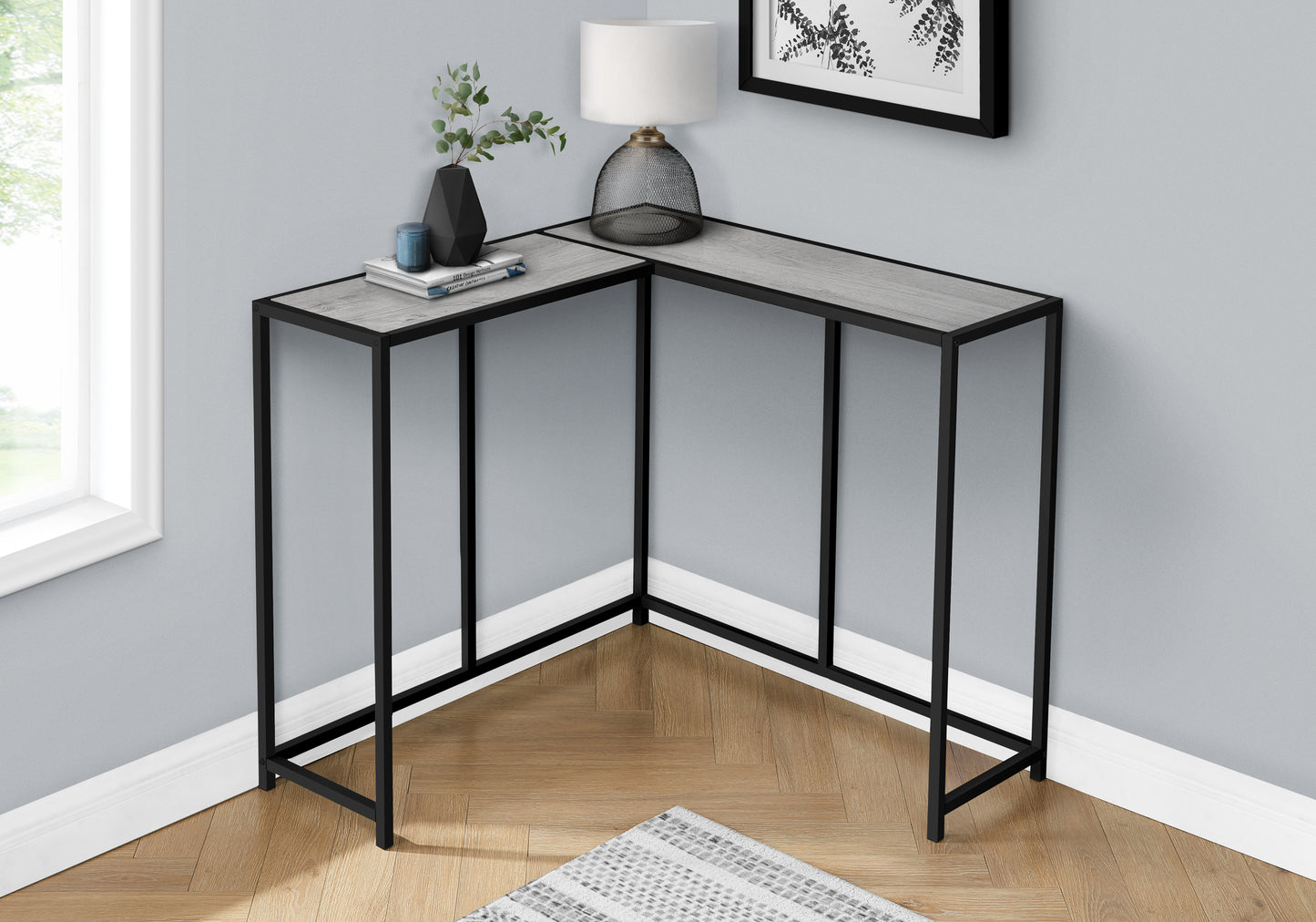 Accent Table, Console, Entryway, Narrow, Corner, Living Room, Bedroom, Grey Laminate, Black Metal, Contemporary, Modern