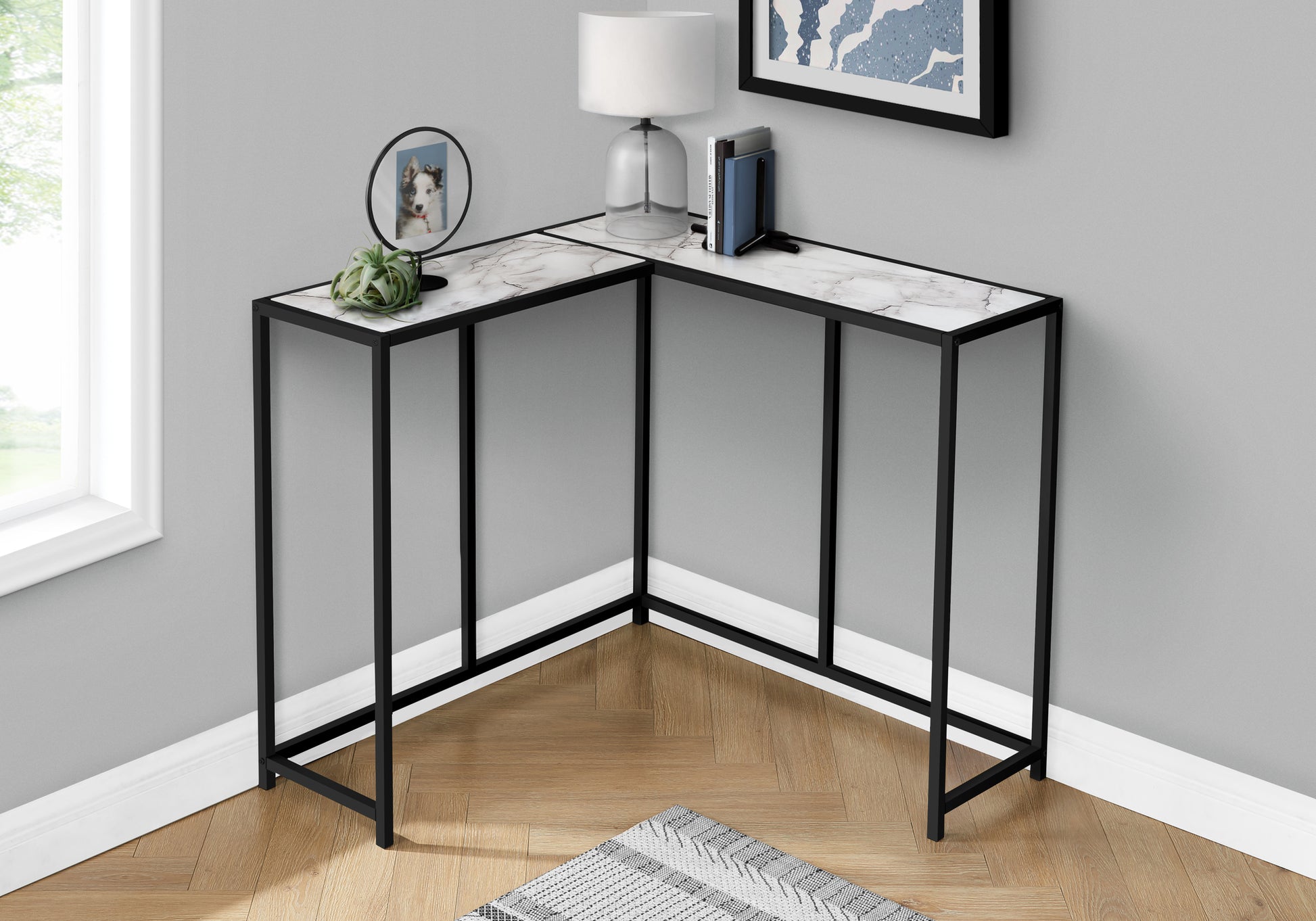 White Corner Accent Table - Marble Look Console