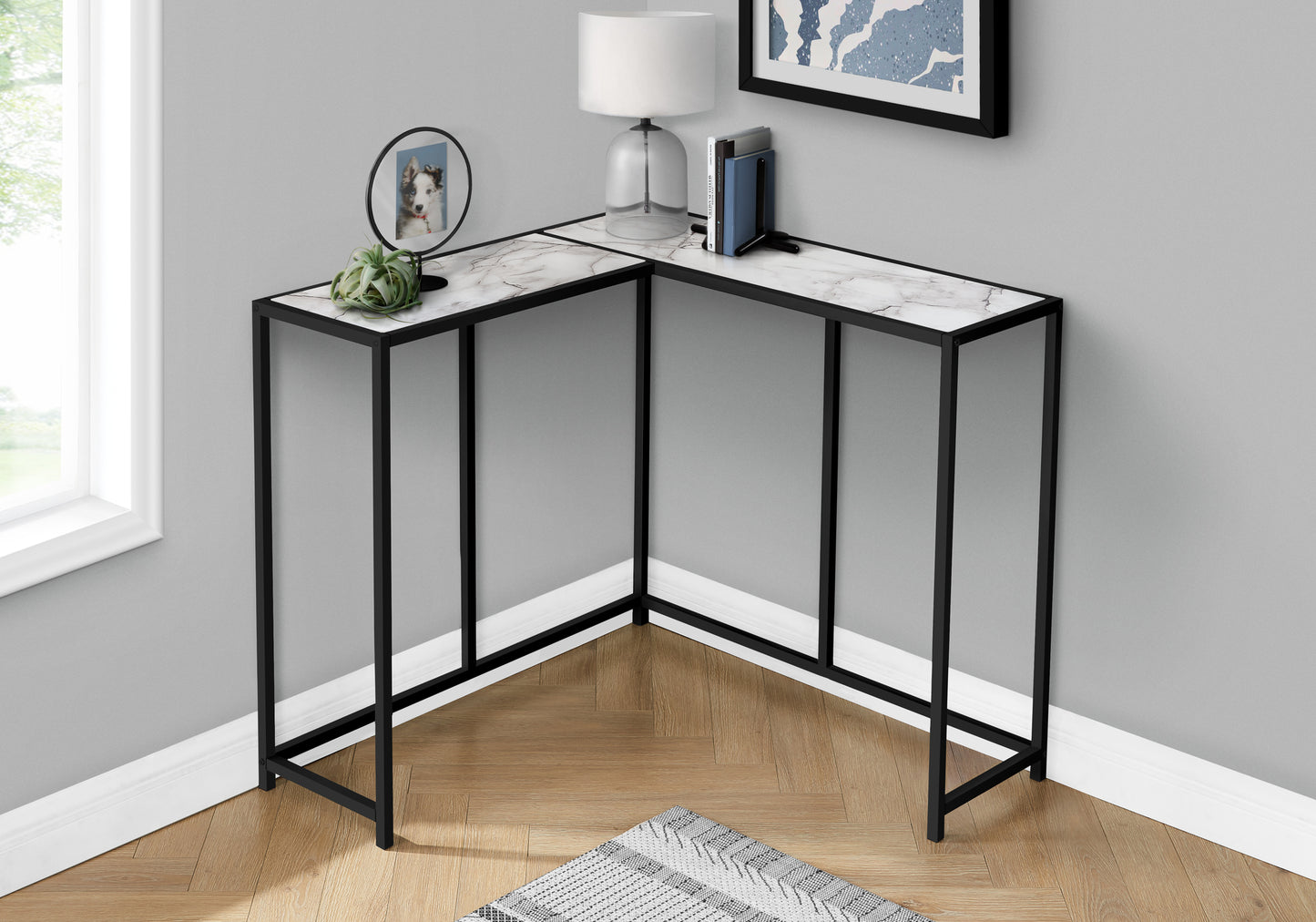 White Corner Accent Table - Marble Look Console