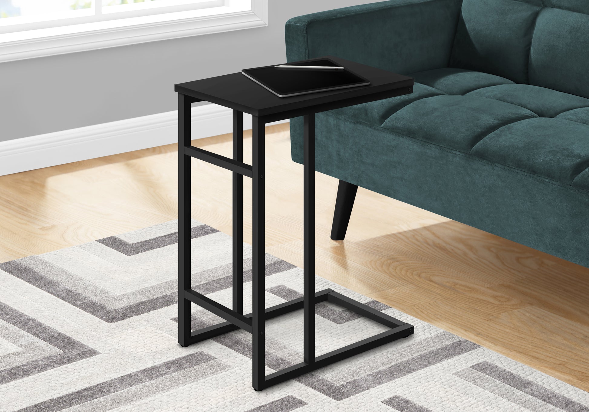 Accent Table, C-shaped, End, Side, Snack, Living Room, Bedroom, Black Laminate, Black Metal, Contemporary, Modern