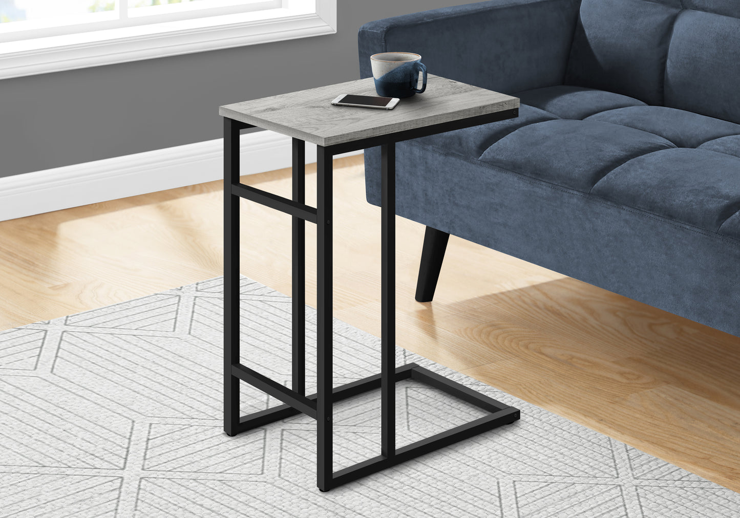 Accent Table, C-shaped, End, Side, Snack, Living Room, Bedroom, Grey Laminate, Black Metal, Contemporary, Modern