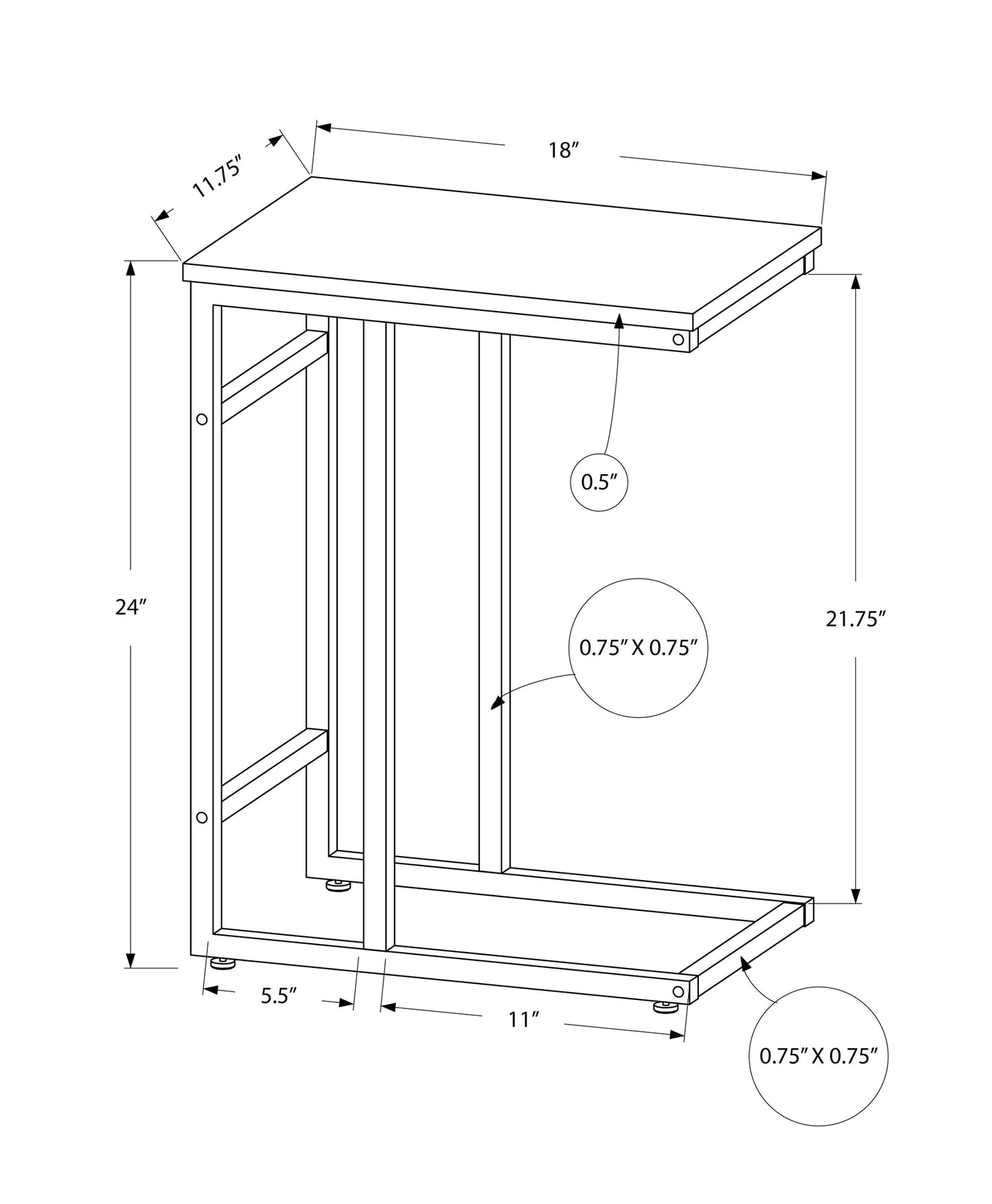 Black C-Shaped End Table - 18 Inch Side Table