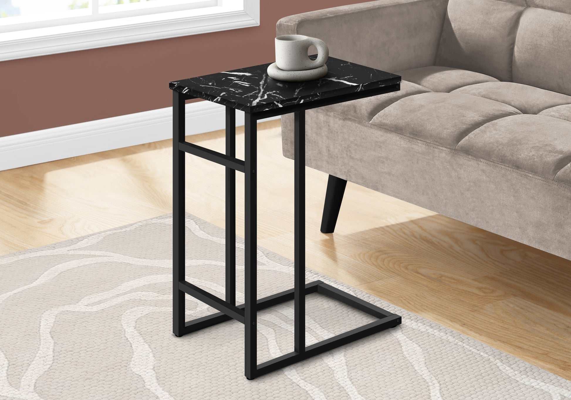 Accent Table, C-shaped, End, Side, Snack, Living Room, Bedroom, Black Marble Look Laminate, Black Metal, Contemporary, Modern