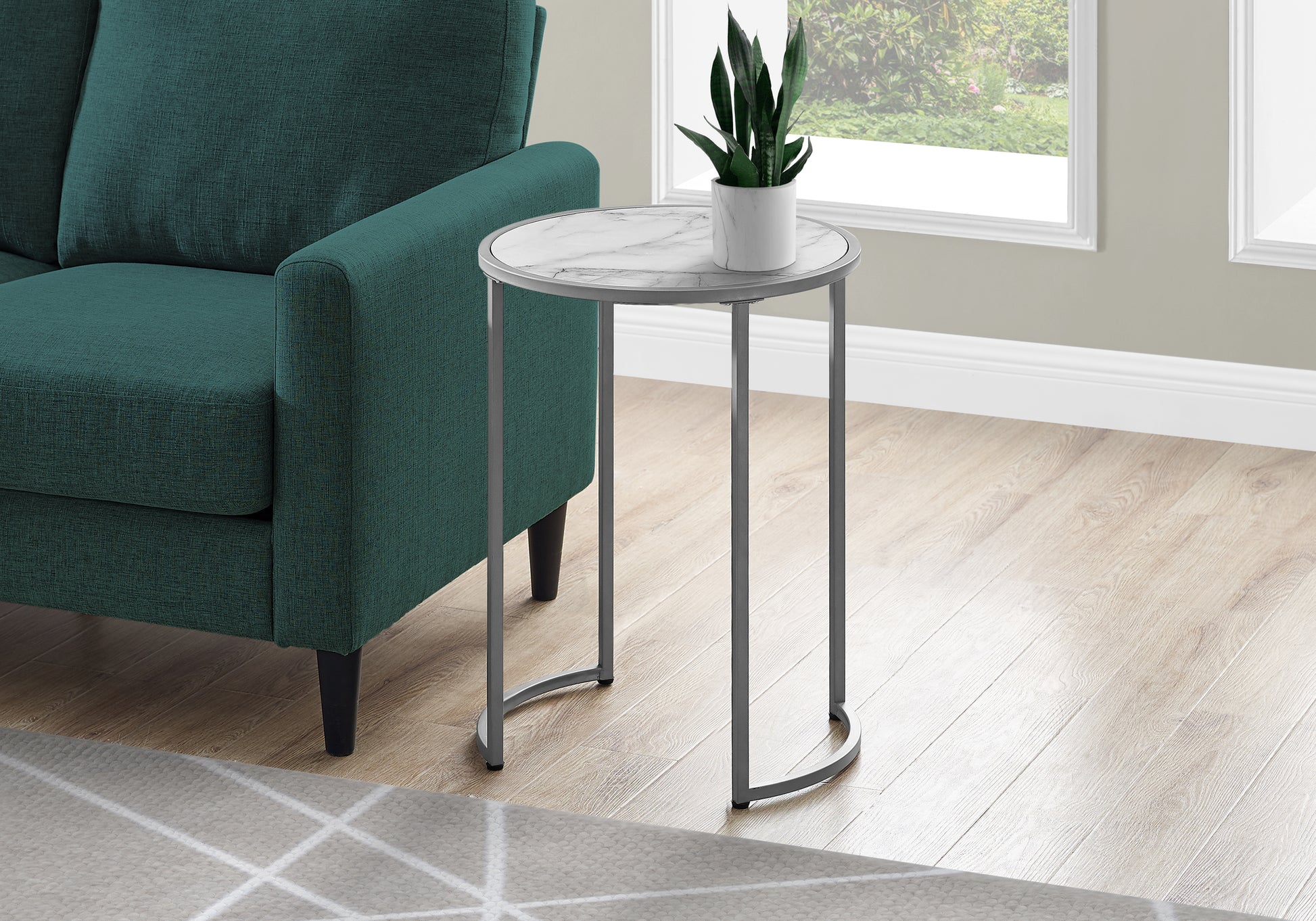 Accent Table, Side, Round, End, Nightstand, Lamp, Living Room, Bedroom, White Marble Look Laminate, Grey Metal, Contemporary, Modern