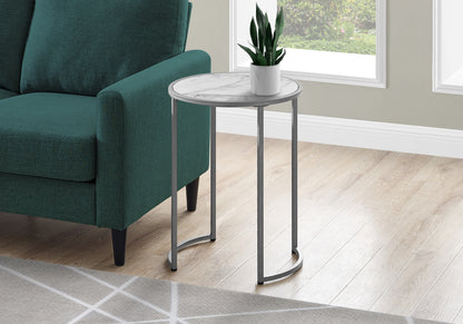 Accent Table, Side, Round, End, Nightstand, Lamp, Living Room, Bedroom, White Marble Look Laminate, Grey Metal, Contemporary, Modern