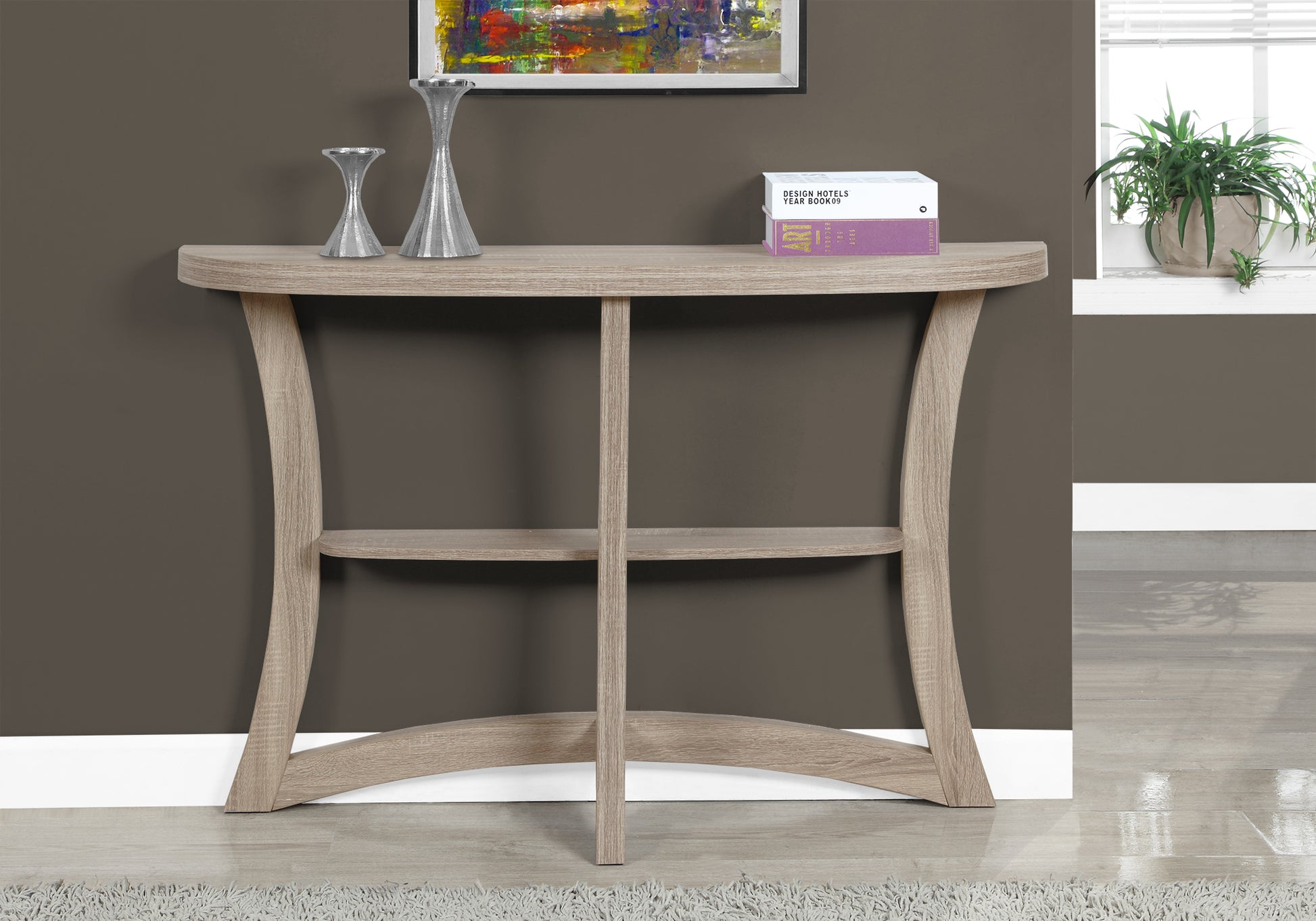 Living Room Taupe Particle Board Console Table with Two Tier Storage for Entryways