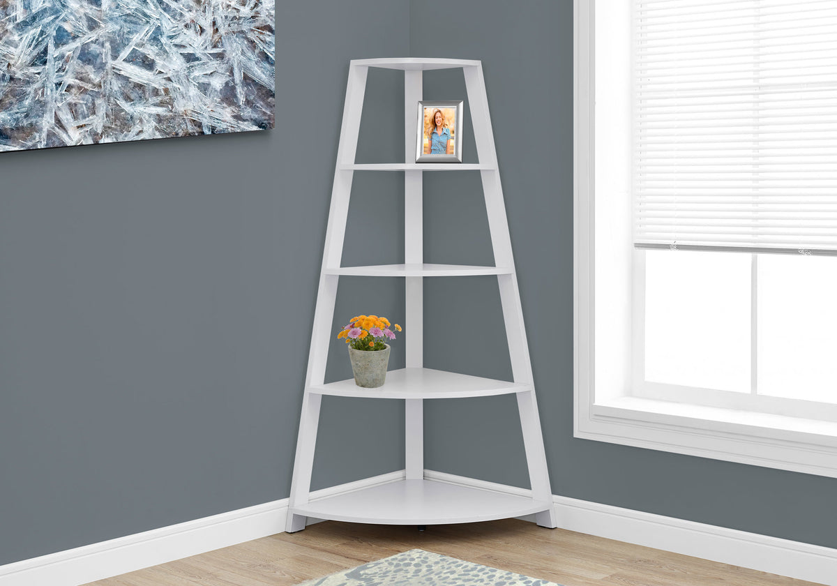 White Particle Board Corner Bookshelf with 4 Shelves for Living Room Display