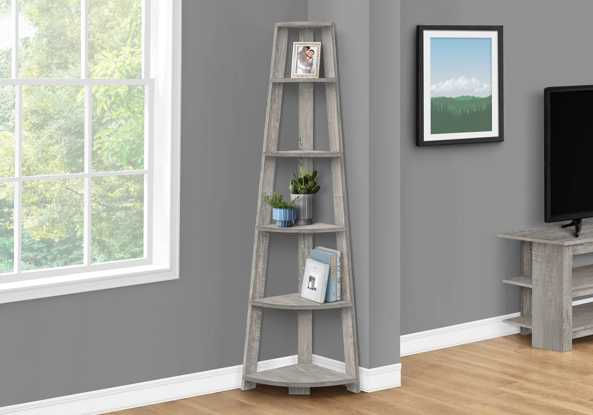 Grey Particle Board Corner Bookshelf for Bedroom Storage for Living Room