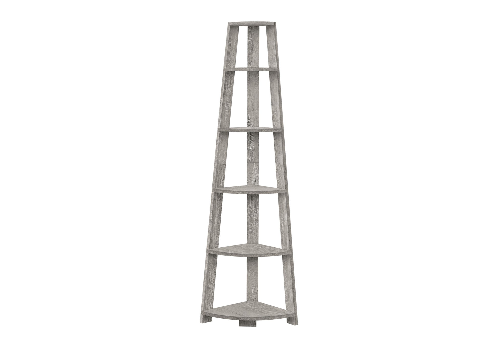 Bookshelf, Bookcase, Etagere, Corner, 5 Tier, 72"h, Office, Bedroom, Grey Laminate, Contemporary, Modern