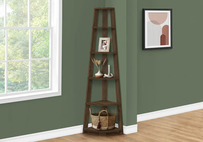 Corner Bookshelf, 5 Tier Walnut Etagere - 72"H Display Shelf