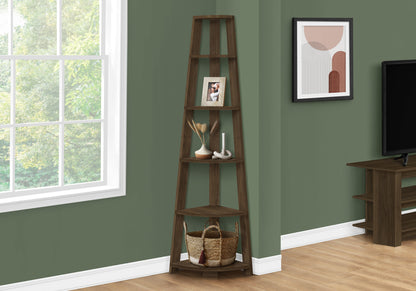 Corner Bookshelf, 5 Tier Walnut Etagere - 72"H Display Shelf