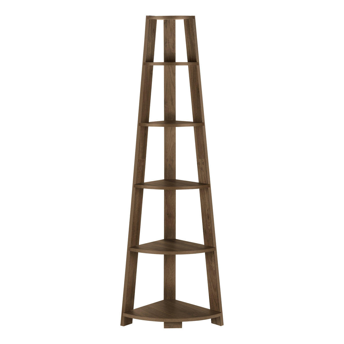 Corner Bookshelf, 5 Tier Walnut Etagere - 72"H Display Shelf