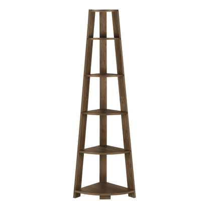 Corner Bookshelf, 5 Tier Walnut Etagere - 72"H Display Shelf